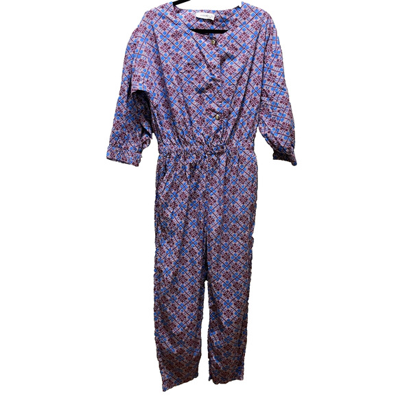 Rachel Comey Holt Geometric Print Purple Blue Puff Sleeve Ankle Jumpsuit Size 6 - Picture 2 of 14